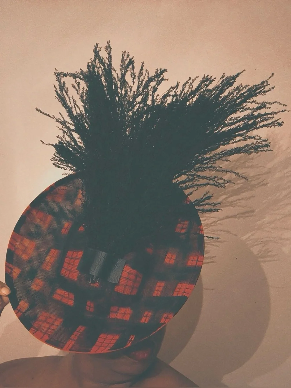 Red and Black Plaid Fascinator Hat with Feather Trim